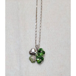 925 Silver Green Four Leaf Clover Rhinestones Green Gems Delicate Chain Necklace